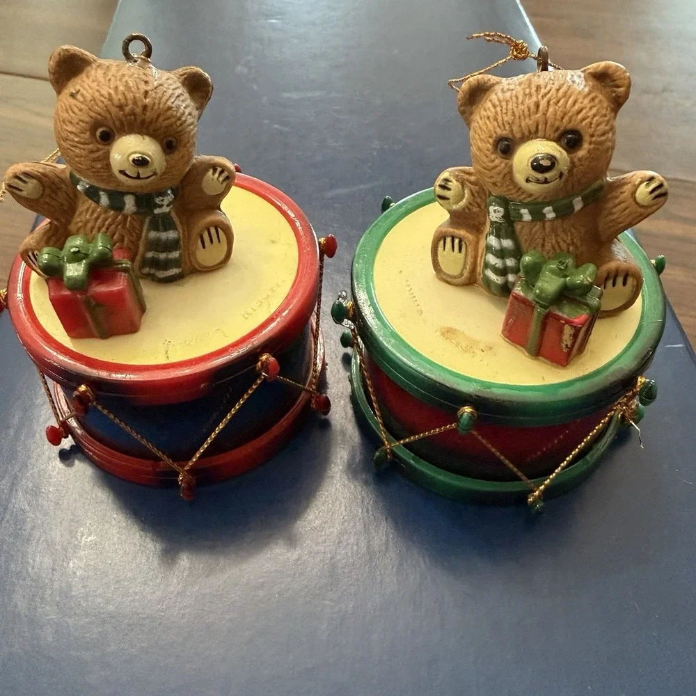 Vintage Teddy Bear Drum Christmas Ornament Set Of 3 Gift Bear Holiday